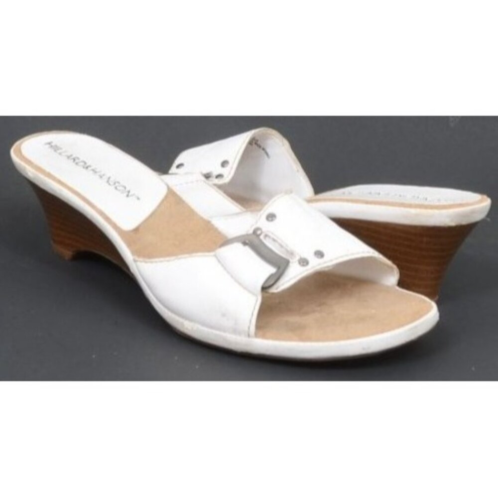 Hillard & Hanson Womens 9 White Faux Leather Slide Wedge Sandals Vacation Summer